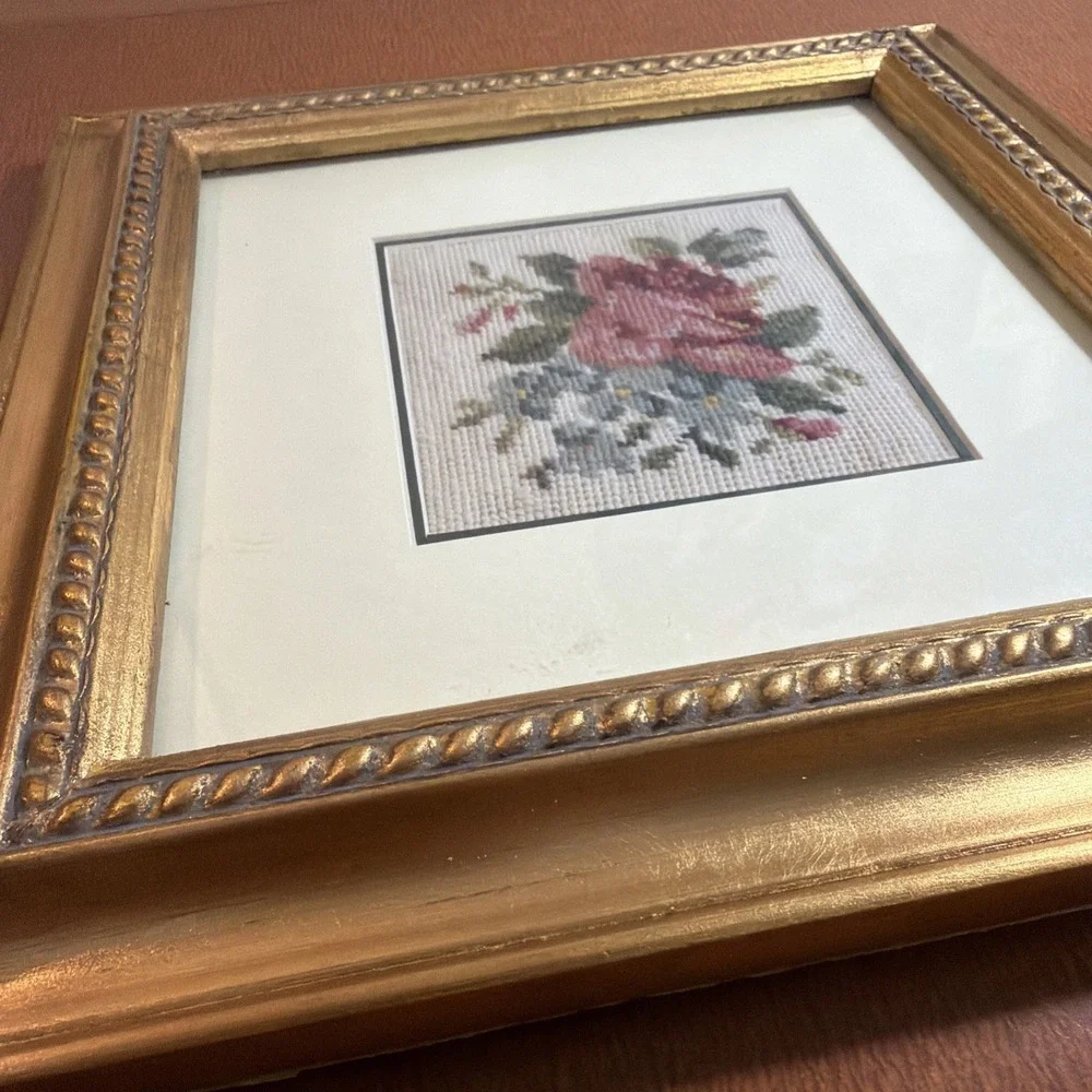 Vintage Floral Rose Needlepoint Framed 10.5